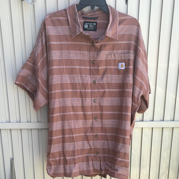 Carhartt Men's Brown Striped Short Sleeve Loose Fit Shirt 2XL